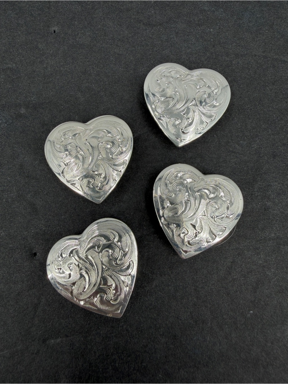 Vtg Silver Tone Heart Shaped Button Covers Set of 4 Western Concho Cowgirl Rodeo